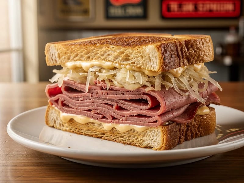 Reuben Sandwich (Geroosterd roggebrood met corned beef en zuurkool) Reuben Sandwich (Geroosterd roggebrood met corned beef en zuurkool)