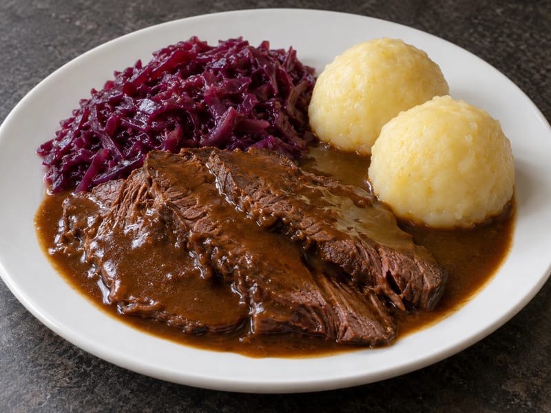 Rheinischer Sauerbraten párolt vörös káposztával és burgonyagombóccal Rheinischer Sauerbraten párolt vörös káposztával és burgonyagombóccal