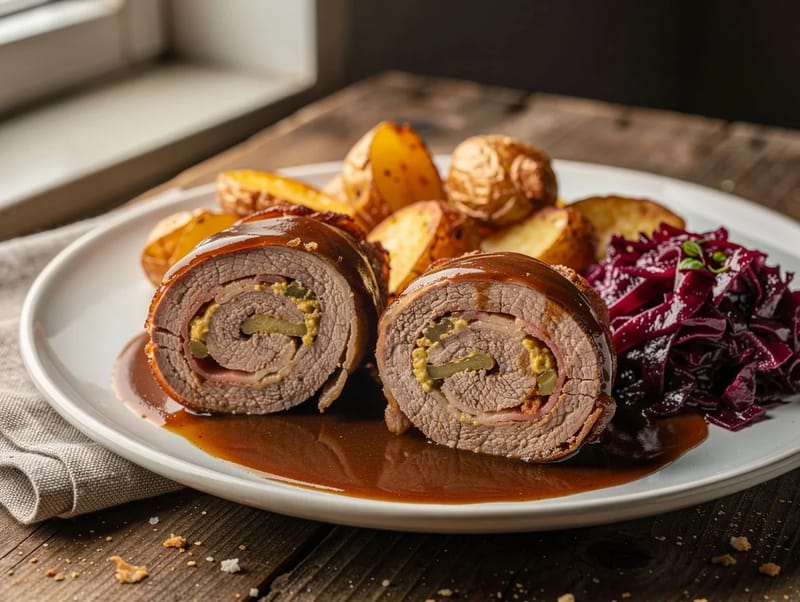 Rinderrouladen (German Beef Roulades with Mustard and Bacon) Rinderrouladen (German Beef Roulades with Mustard and Bacon)