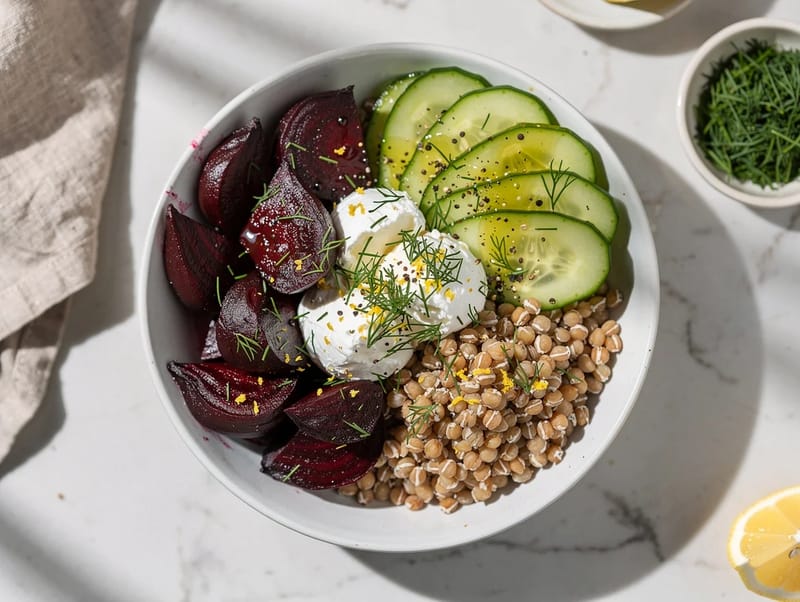 Roasted Beetroot Buckwheat Grain Bowl with Cucumber and Dill Roasted Beetroot Buckwheat Grain Bowl with Cucumber and Dill