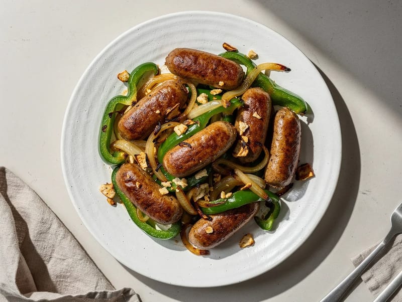 Blech-Würstchen mit Paprika und Zwiebeln Blech-Würstchen mit Paprika und Zwiebeln