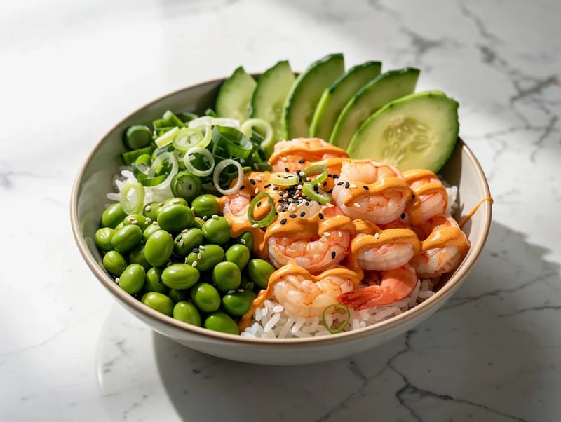 Poke bowl de crevettes à la mayo épicée Poke bowl de crevettes à la mayo épicée
