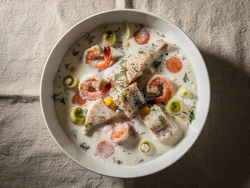 Sjømatgryte (nordisk fiske- og rejesuppe med fløde) Sjømatgryte (nordisk fiske- og rejesuppe med fløde)
