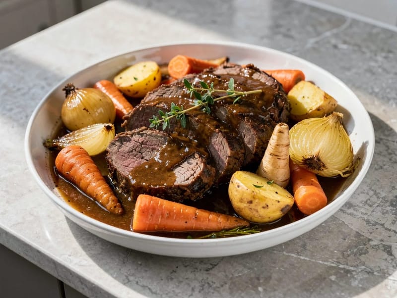 Arrosto di manzo in slow cooker con verdure a radice Arrosto di manzo in slow cooker con verdure a radice