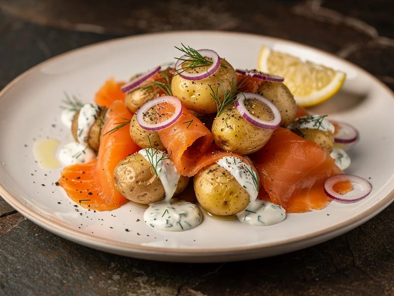 Salmone affumicato con patate, panna acida e aneto Salmone affumicato con patate, panna acida e aneto