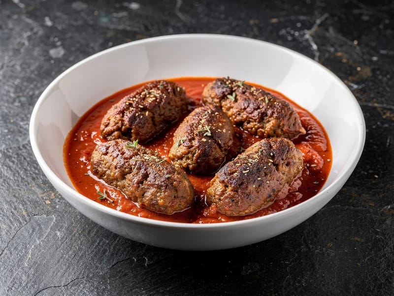 Soutzoukakia Smyrneika (kryddiga köttbullar i tomatsås) Soutzoukakia Smyrneika (kryddiga köttbullar i tomatsås)