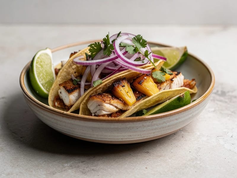 Tacos de Pescado al Pastor (Vistaco’s met adobo en ananas) Tacos de Pescado al Pastor (Vistaco’s met adobo en ananas)