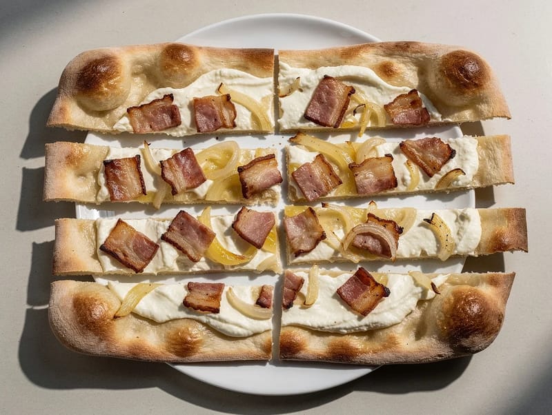 Tarte Flambée (alsacisk fladbrød med crème fraîche, bacon og løg) Tarte Flambée (alsacisk fladbrød med crème fraîche, bacon og løg)