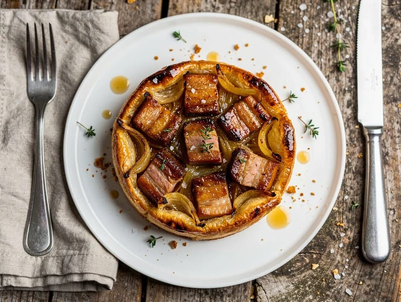 Slaný tarte Tatin s vepřovým bůčkem a karamelizovanou cibulí Slaný tarte Tatin s vepřovým bůčkem a karamelizovanou cibulí