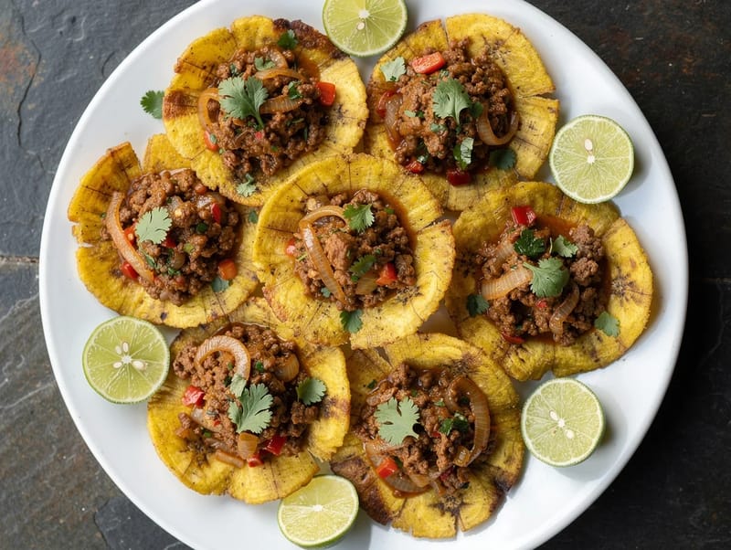 Tostones con carne molida (plátanos fritos con carne picada especiada) Tostones con carne molida (plátanos fritos con carne picada especiada)