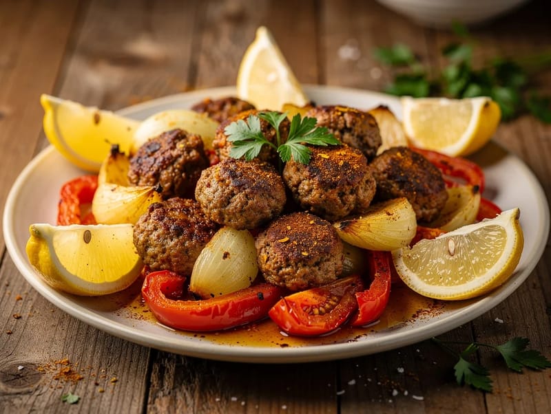 Tyrkisk krydret lammefrikadelle-traybake med peberfrugter og tomater Tyrkisk krydret lammefrikadelle-traybake med peberfrugter og tomater