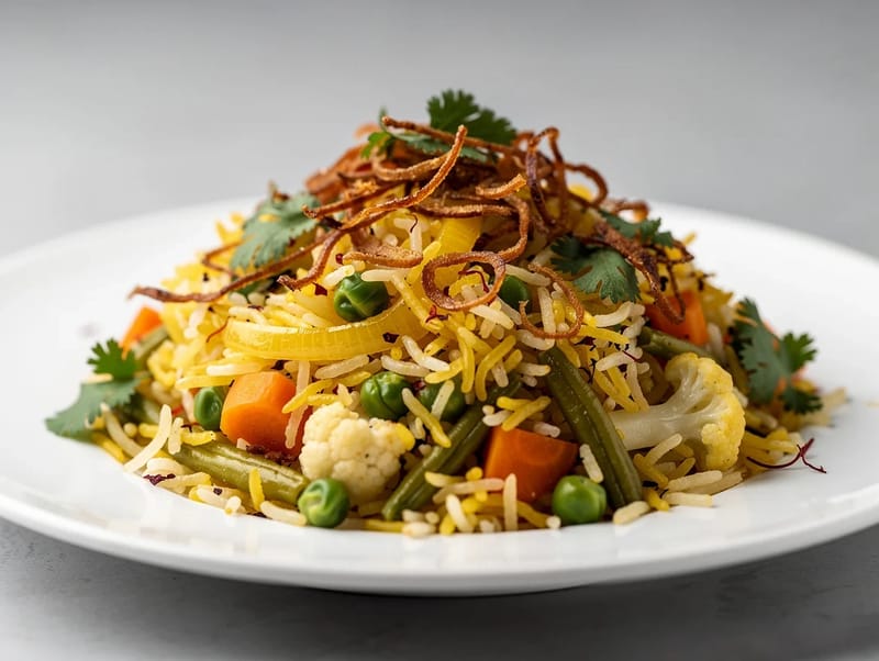 Biryani de légumes au safran et oignons frits Biryani de légumes au safran et oignons frits