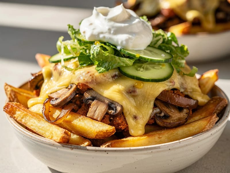 Kasvis-kapsalon-kulho (kerroksittaiset ranskanperunat sienillä ja goudalla) Kasvis-kapsalon-kulho (kerroksittaiset ranskanperunat sienillä ja goudalla)