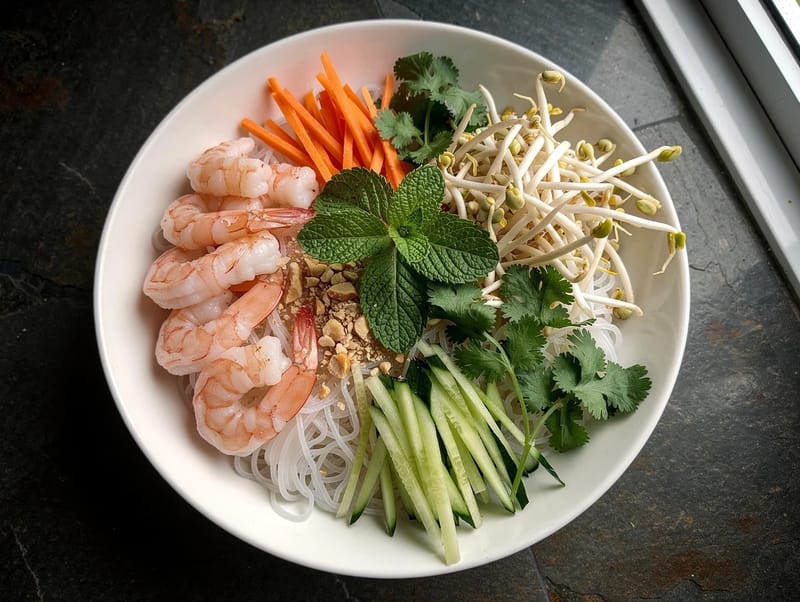 Vietnamesisk vermicelli-nudelsalatbowl med rejer Vietnamesisk vermicelli-nudelsalatbowl med rejer
